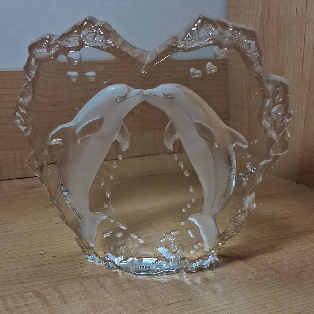 Two Dolphins Kissing Heart Laser Etched Glass Paperweight